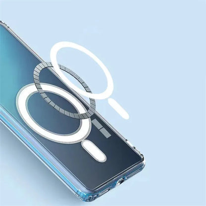 Transparent MagSafe magnetic phone case for Samsung Galaxy S21 S22 S23 series showing clear TPU construction
