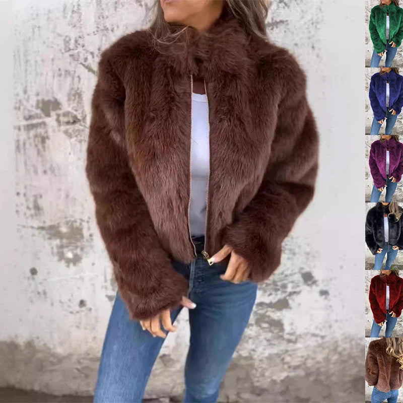 Women's stand collar plush jacket in faux fur with zipper, available in multiple colors