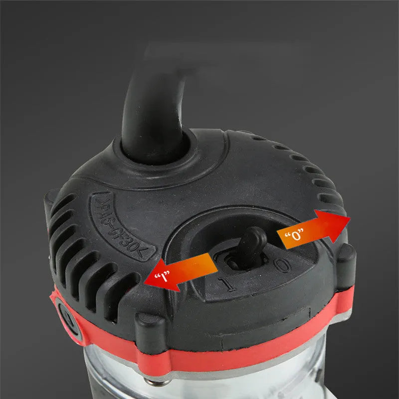 800W electric wood polishing trimmer with aluminium casing on a wooden workbench.