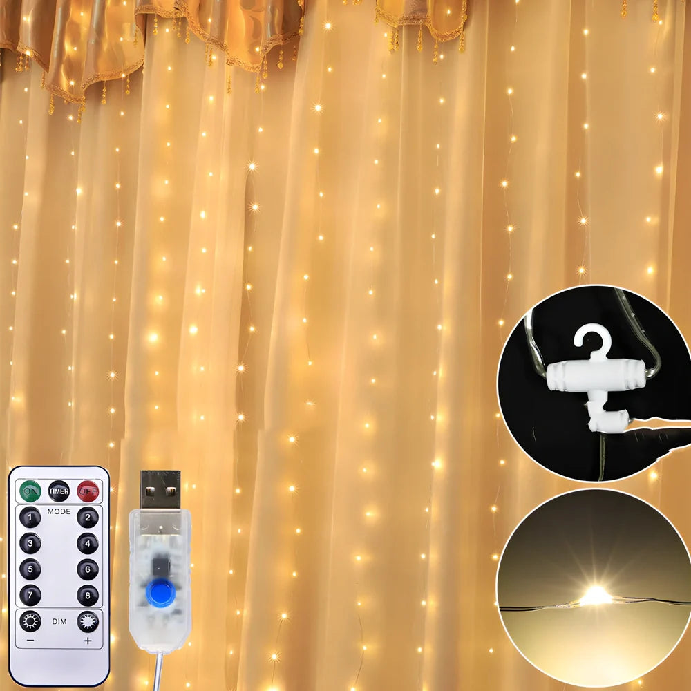 Sound control Christmas light curtain with USB cable and remote, showing multiple lighting modes on 3 metre wide design