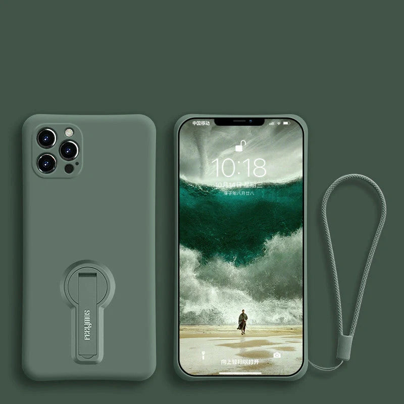 Liquid silicone anti-drop phone case for Apple iPhone 12 series with bracket and lanyard