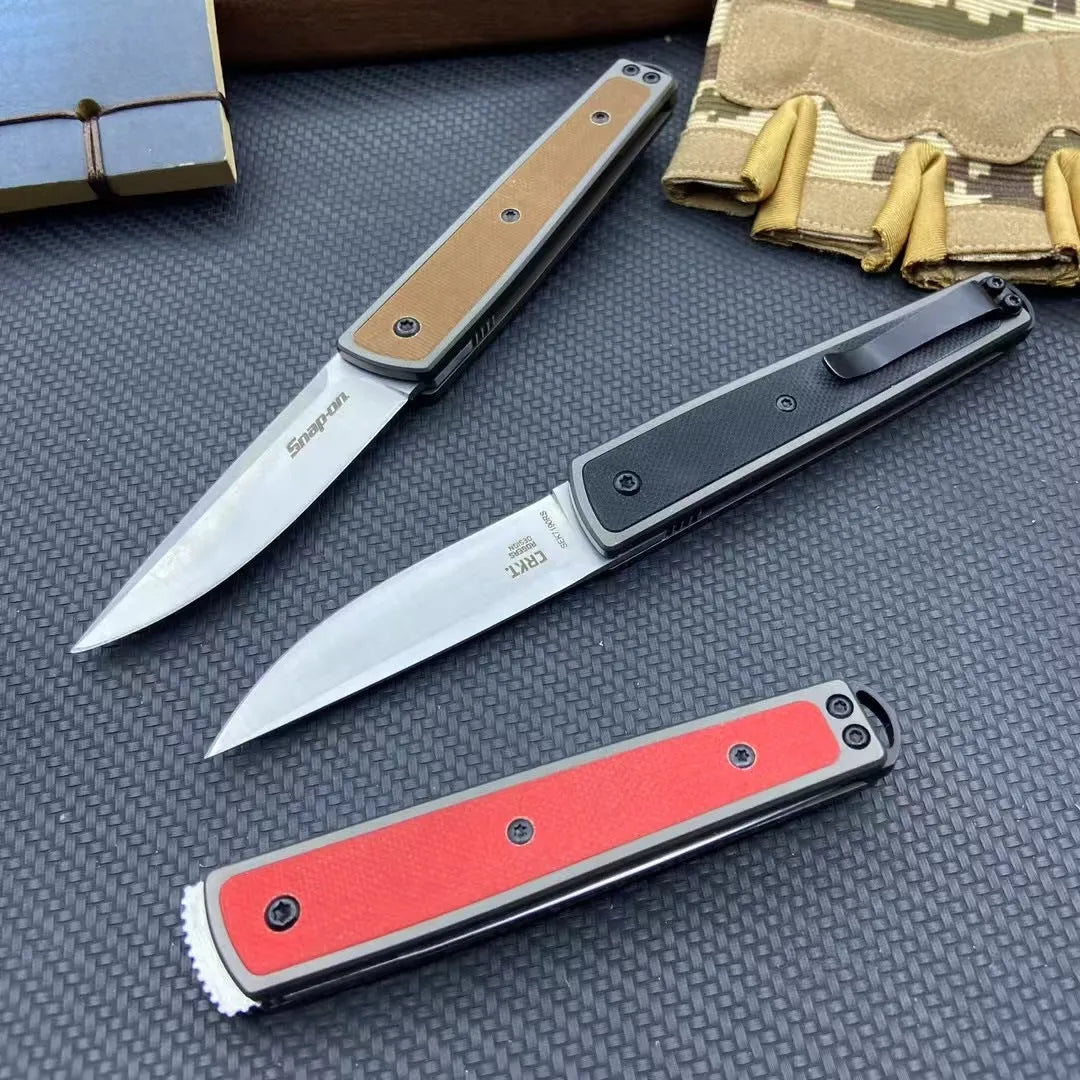 Folding fruit knife with 7cm stainless steel blade shown open and closed, available in black, red, or coffee colour finishes