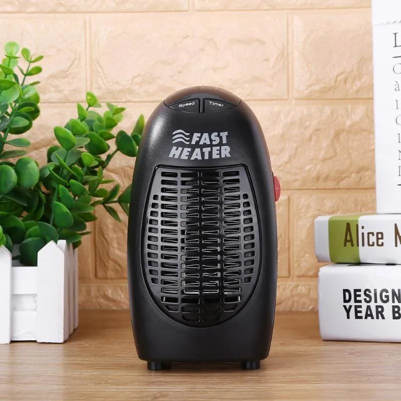 Black compact electric heater with digital display and rotating plug, measuring 8x7x16cm