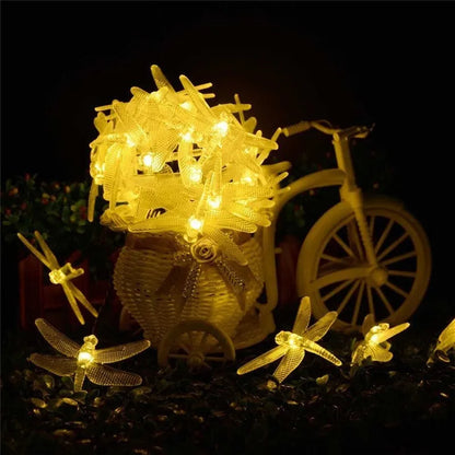 Outdoor solar powered dragonfly LED string lights with 20 warm white lights on 5 metre cable