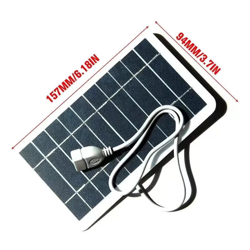 2W 5V portable solar panel charger measuring 157x94mm with USB cable