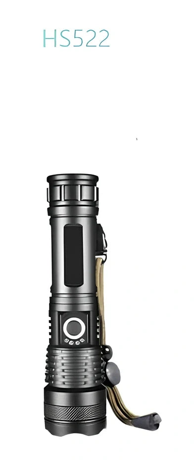 Black aviation aluminium LED torch with telescopic zoom lens showing extended and retracted positions