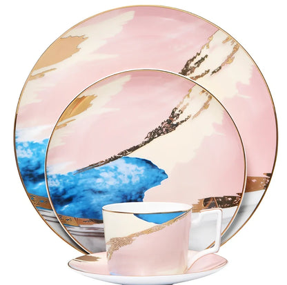 Watercolor dessert plates set in pink with 26.5 cm diameter, 45% bone china, real gold edges on handmade porcelain