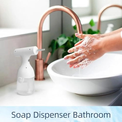 White electric foam soap dispenser with rechargeable battery and two nozzles for pet and home cleaning