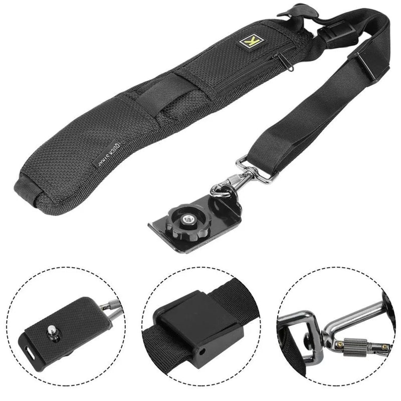 DSLR camera shoulder sling strap with quick rapid adjustment buckle, made from black nylon with 75mm wide shoulder pad, compatible with Canon Nikon Sony Olympus Pentax SLR cameras using 1/4 inch tripod screw mount