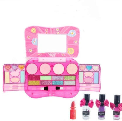 Children's cosmetic toys makeup box with four play accessories including makeup remover paper, nail polish, and lipstick