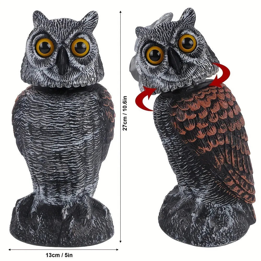 Set of artificial owl bait ornaments with shaking heads for scaring birds outdoors.