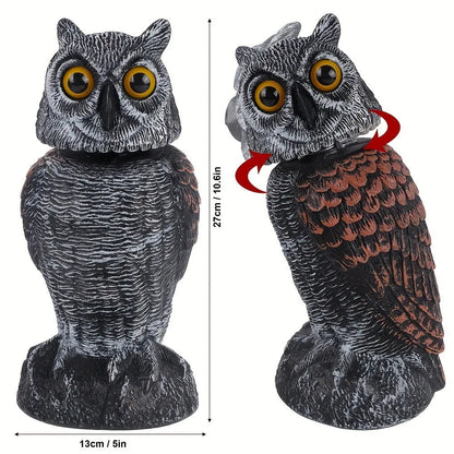 Set of artificial owl bait ornaments with shaking heads for scaring birds outdoors.