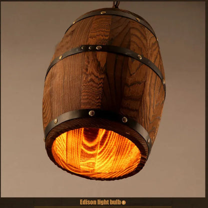 Wooden wine barrel chandelier with wood shade and light body, E27 LED fitting, adjustable 1.1m height, 33cm x 23cm x 33cm