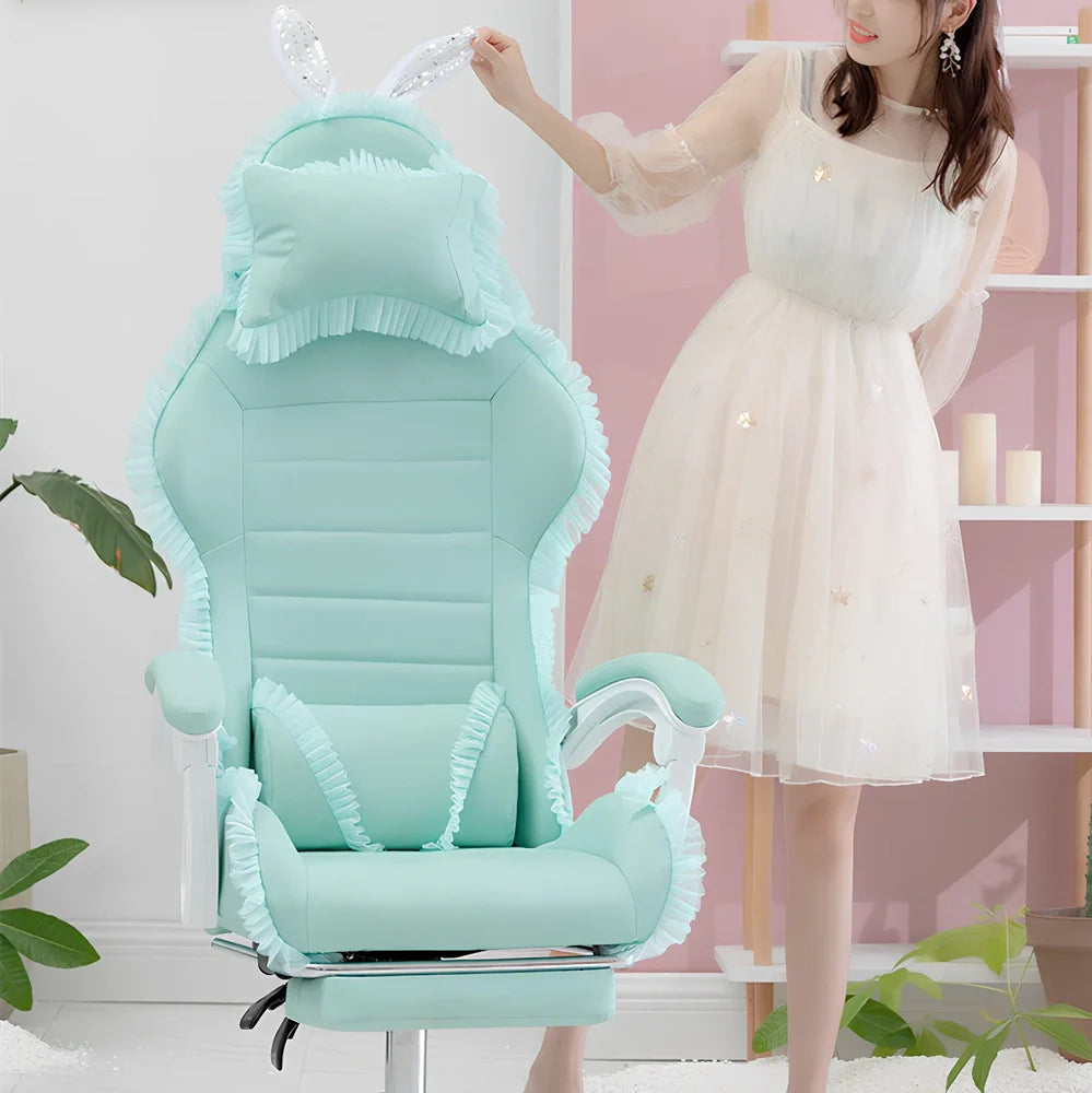 Adjustable height computer gaming chair with swivel base in green lace pattern