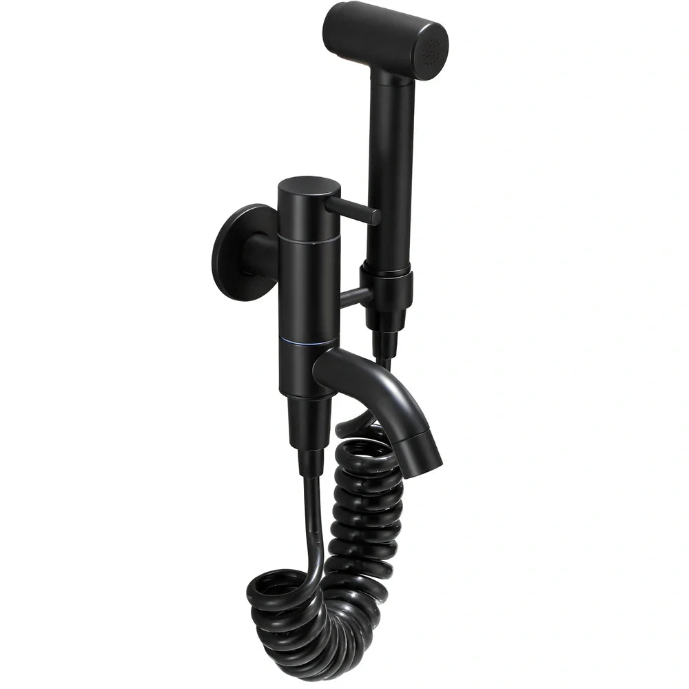 Single cold sink wall faucet with coiled telephone cord hose and push-type spray gun for mop pool installation