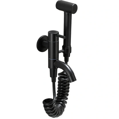 Single cold sink wall faucet with coiled telephone cord hose and push-type spray gun for mop pool installation