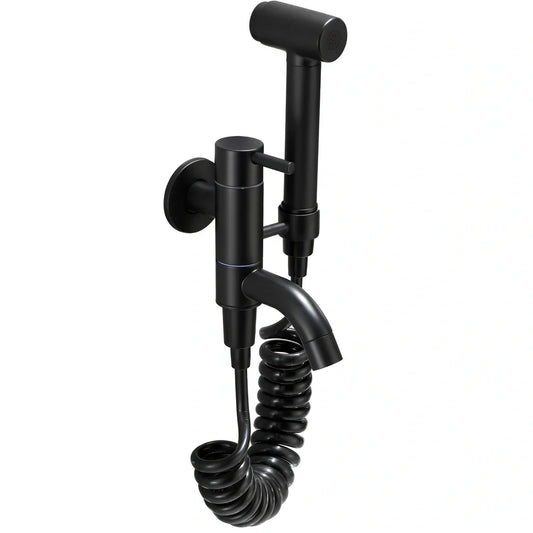 Single cold sink wall faucet with coiled telephone cord hose and push-type spray gun for mop pool installation