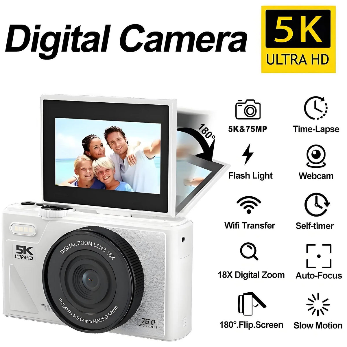 Compact CCD digital camera with Full HD screen and WiFi transmission, 11.5cm x 4.6cm x 6.95cm, in black, pink or white.