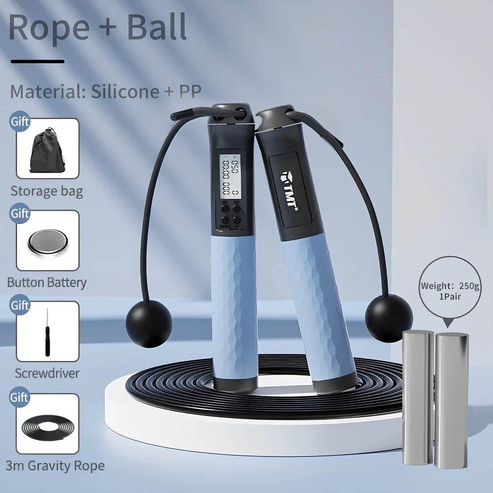 Digital skipping rope with adjustable 300cm length and LCD display showing calorie counter and timer metrics