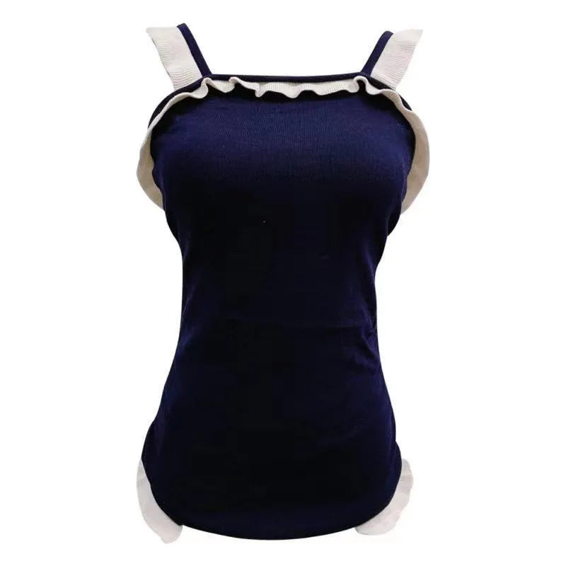 Women's conservative one-piece swimsuit in nylon fabric showing colour options including black with white edge trim