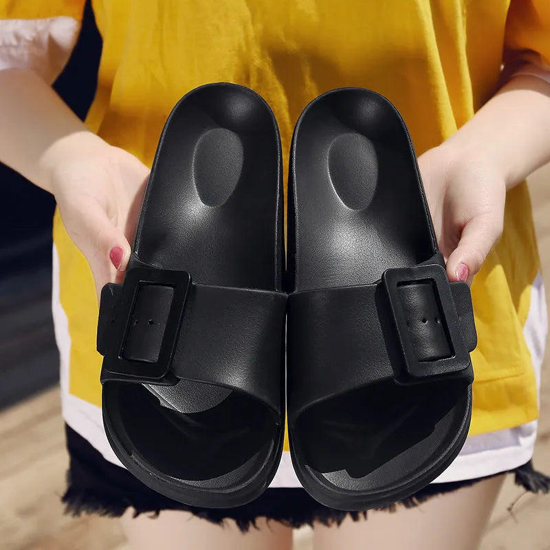 Women's grey blue flip-flop slippers with adjustable buckle and 1.5cm EVA sole