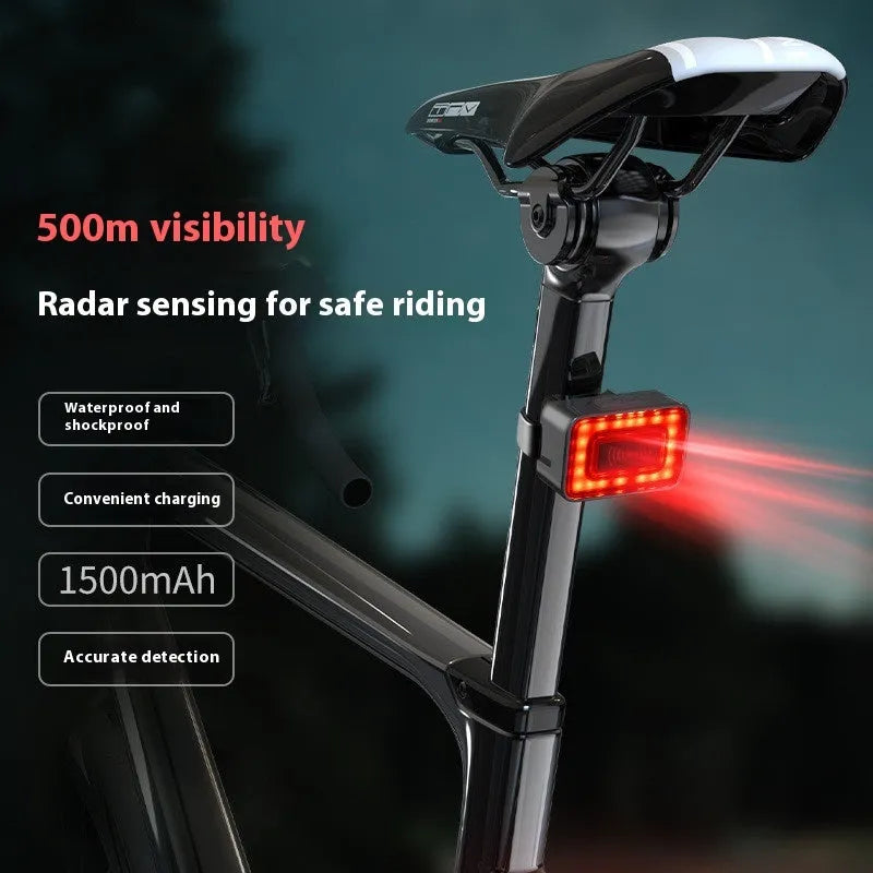 Smart millimeter wave bicycle taillight with double bracket mount showing dimensions and Type-C charging port