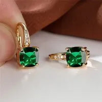Square zircon inlaid ear hook earrings with geometric design and electroplated finish in golden tone