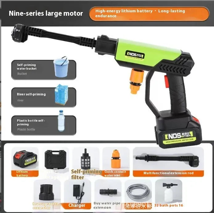 Wireless high-pressure water gun with green and yellow nozzle settings, measuring 400 mm, for outdoor cleaning tasks