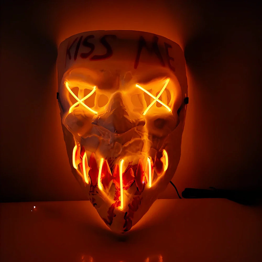 Multicolor luminous Halloween mask with adjustable glow, plastic construction in blue, green, and red options for festivals