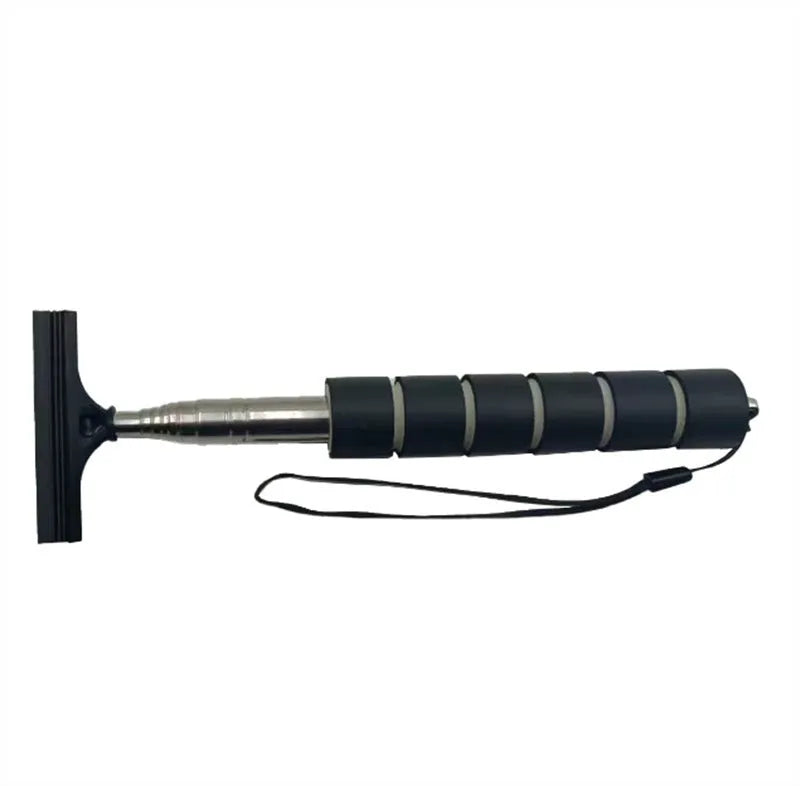 Retractable stainless steel car mirror wiper with rubber blade in black, extended to show length.