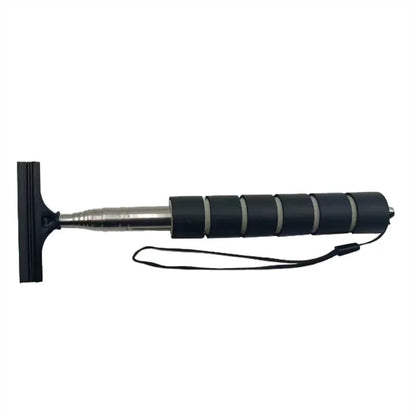 Retractable stainless steel car mirror wiper with rubber blade in black, extended to show length.