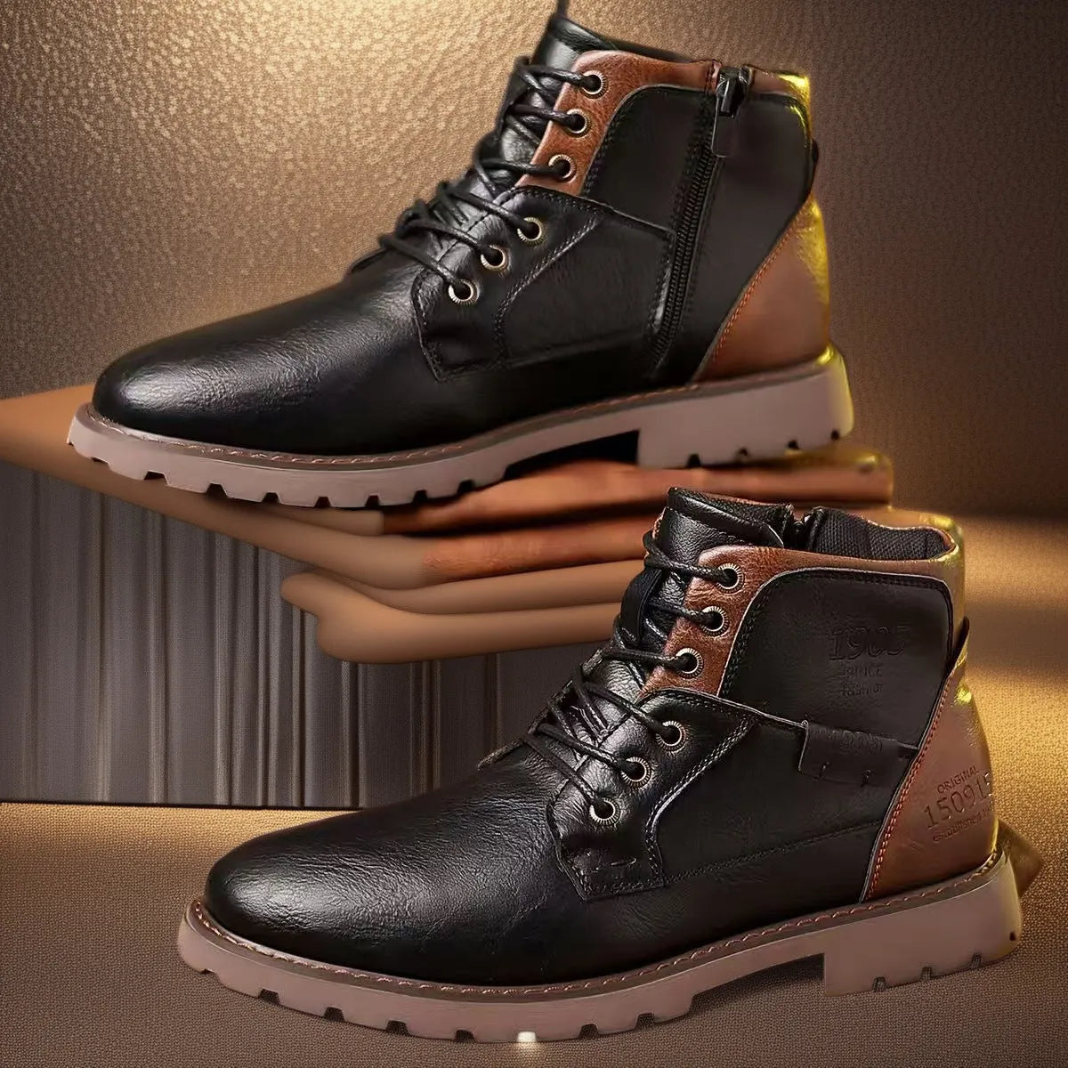 Men's brown ankle boots with side zip fastening and round toe design