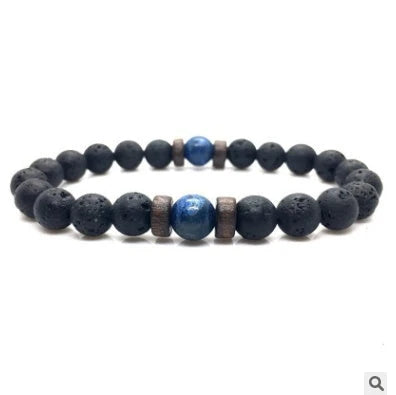 Stylish men's bracelet made with natural volcanic stone, flash stone, and wood chip in a geometric, mosaic-like design