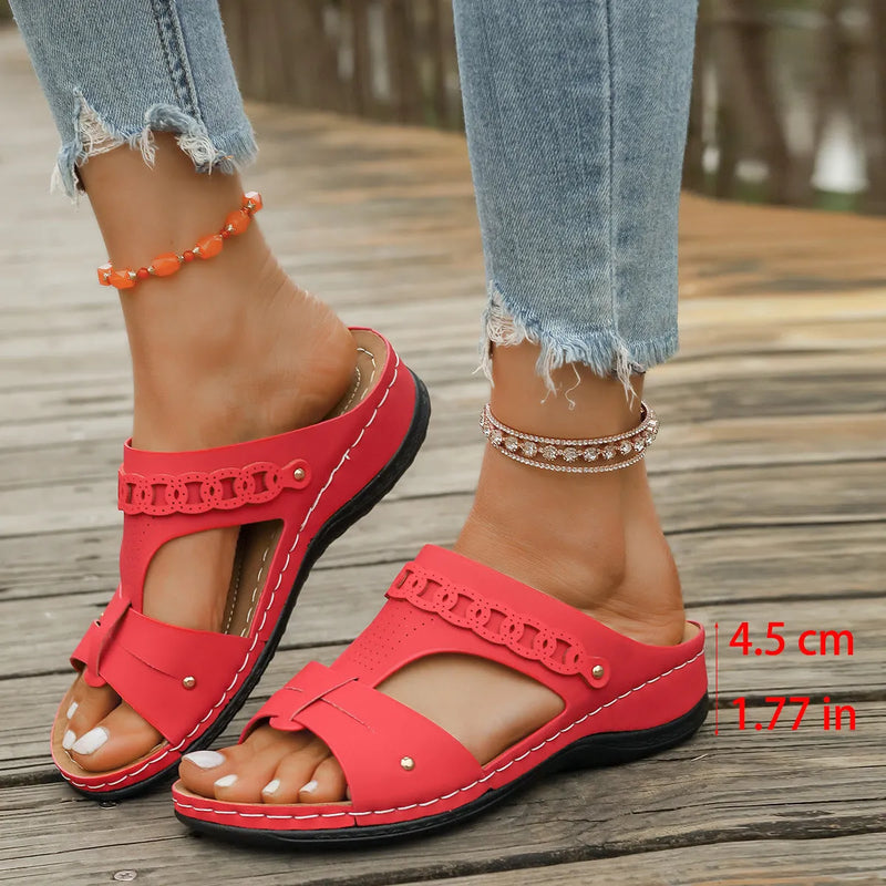 Slope heel roman style slippers with fish mouth toe holder design in casual PU upper and rubber sole, available in blue, black, white, beige, red, or brown, in EU sizes 36 to 43.
