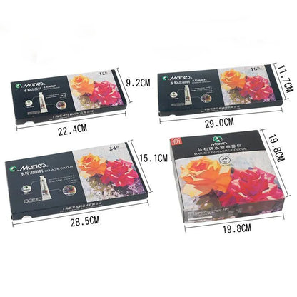 Gouache paint set showing tubes labelled 12, 18, and 24 colours in 5ml and 12ml sizes.