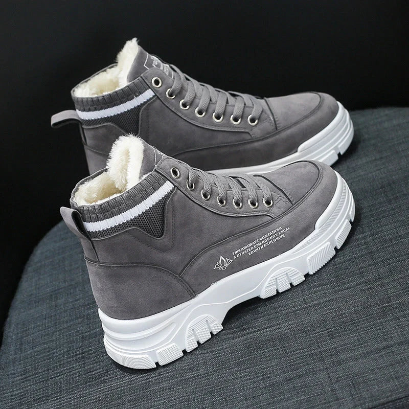 Women's lace-up fashion sneakers with warm plush lining in black, gray, and brown