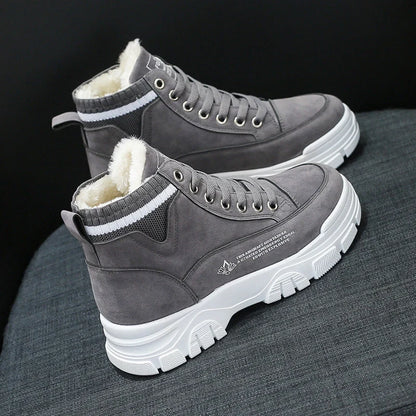 Women's lace-up fashion sneakers with warm plush lining in black, gray, and brown