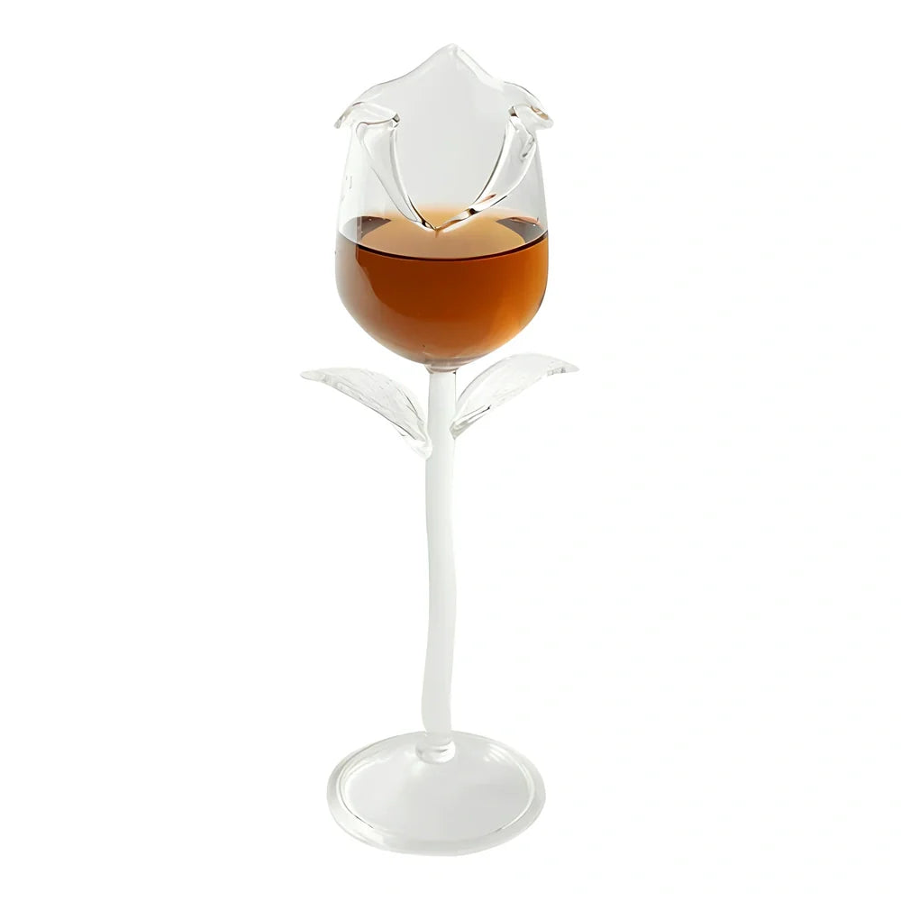 Rose flower shaped wine glass with 100ml capacity in mushroom colour showing stem and measured indicators