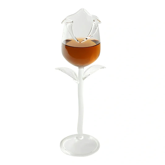 Rose flower shaped wine glass with 100ml capacity in mushroom colour showing stem and measured indicators