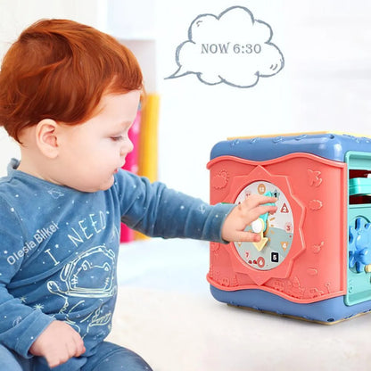 Colourful baby educational hexahedron toy cube with bead maze, gears, car track, clock, butterfly, and number tray.