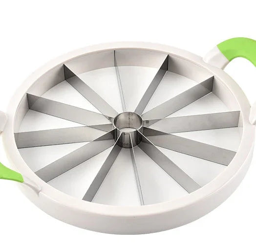 Premium stainless steel watermelon slicer with non-slip handles for easy, effortless cutting and slicing of watermelons up to 8.1 inches in diameter
