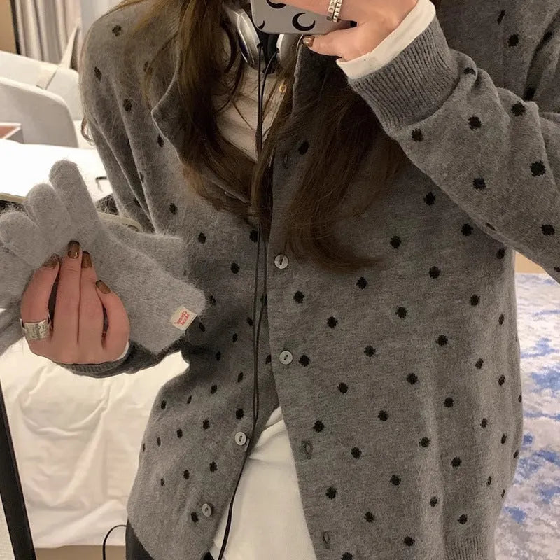 Women's gray dot knitted cardigan with viscose fabric, long sleeves, and crocheted flower details