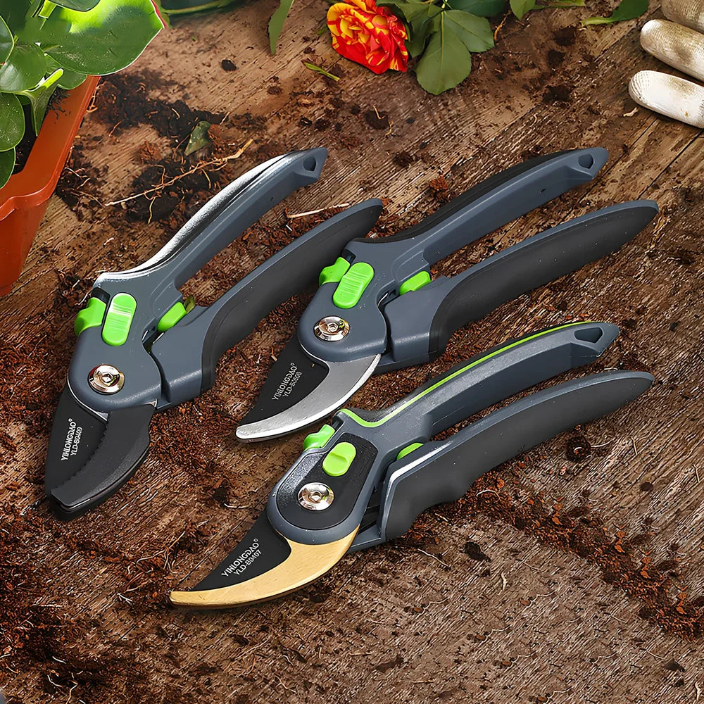 Professional metal garden shears with polished blades and ergonomic handles for branch pruning