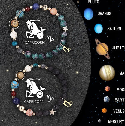 Two natural stone zodiac bracelets with adjustable cords showing sliding knot mechanism and zodiac bead details