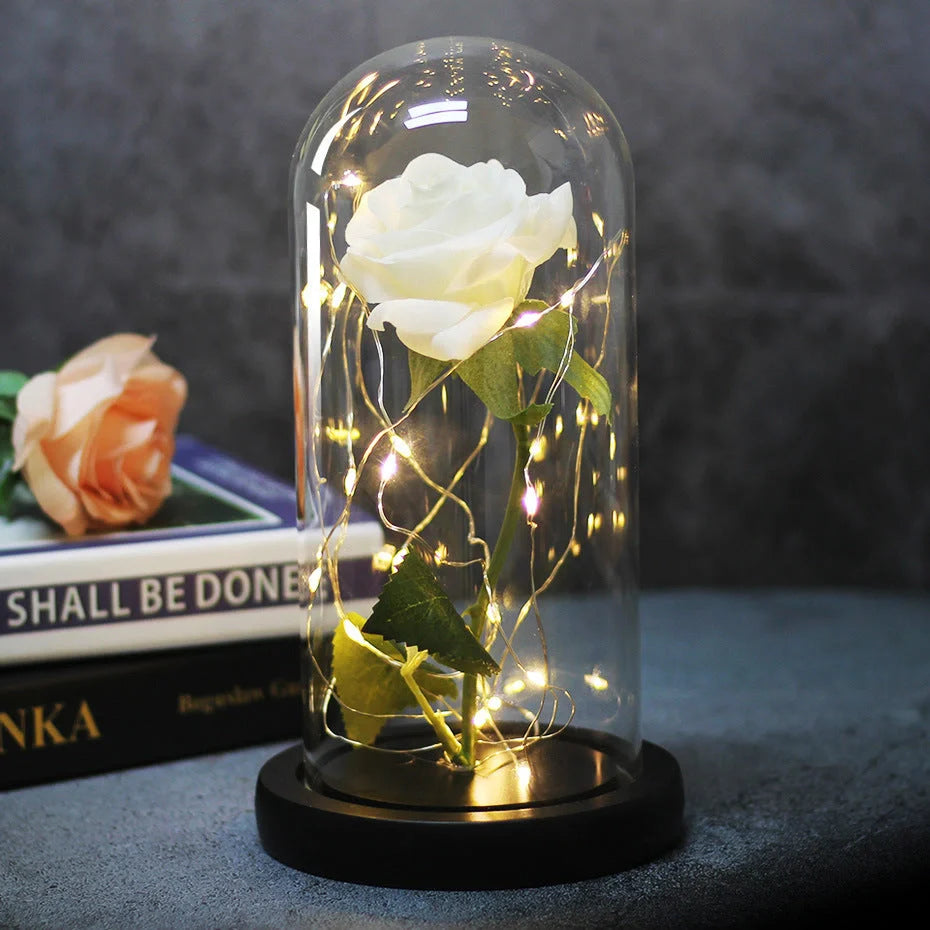 Enchanted Forever Rose in Glass LED Light Christmas Decoration with wooden base