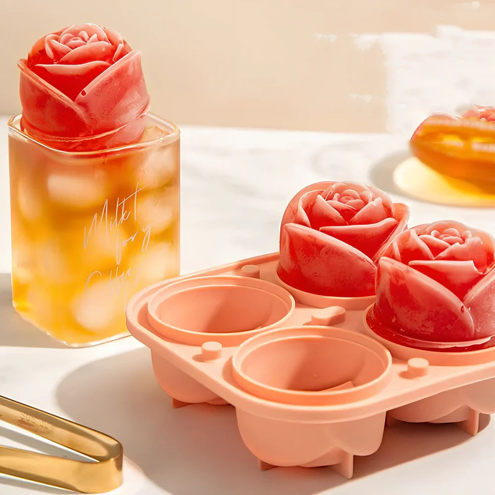 Orange silicone ice mould with 2.5-inch rose shapes and built-in filling funnel