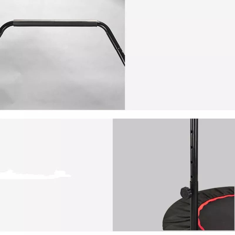 Red and black indoor trampoline with optional safety handrail for kids and adults