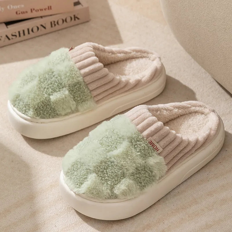 Women's plaid pattern plush slippers with coral velvet upper and non-slip sole in multiple colour options