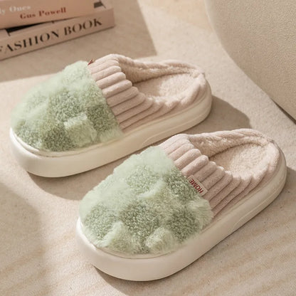 Women's plaid pattern plush slippers with coral velvet upper and non-slip sole in multiple colour options