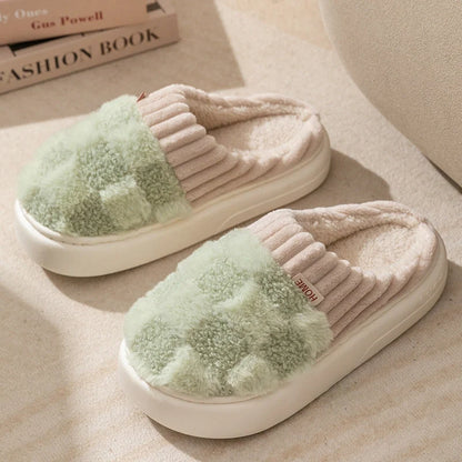 Women's plaid plush slippers with soft sole and non-slip design in various colors